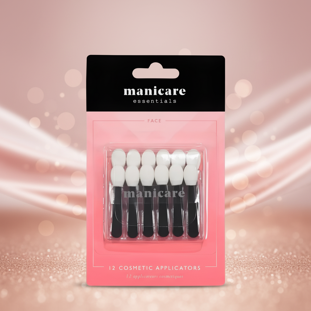 Manicare Eyeshadow Applicators pack displayed front-facing on a rose gold gradient background