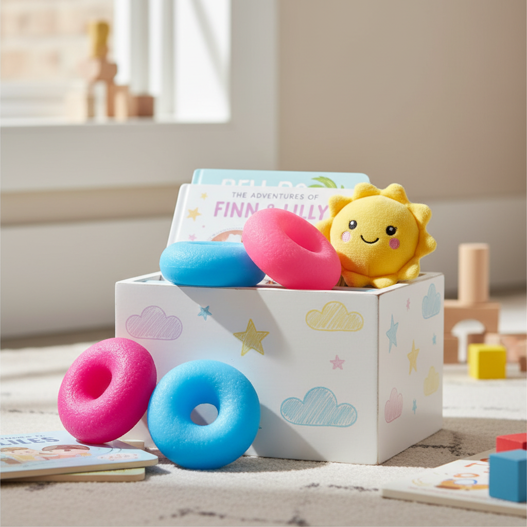 Three Squidgy Donut squishy toys in hot pink, bubblegum pink and sky blue arranged on a colourful kids playroom shelf with natural window light