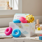 Three Squidgy Donut squishy toys in hot pink, bubblegum pink and sky blue arranged on a colourful kids playroom shelf with natural window light