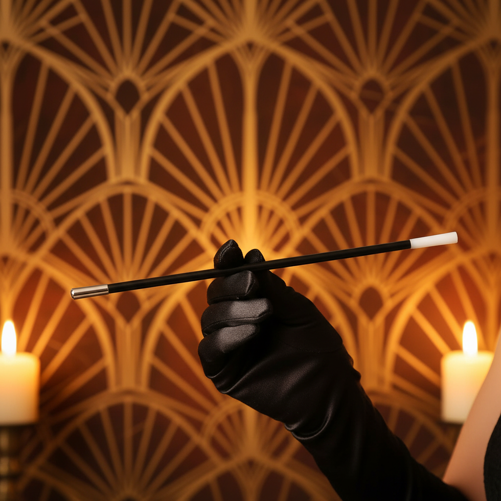 Close-up of elegant gloved hands holding 1920s black cigarette holder with silver tip