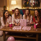 Women in pyjamas on a hen party night in, playing the Hen Party Jigsaw Puzzle on a coffee table with fairy lights