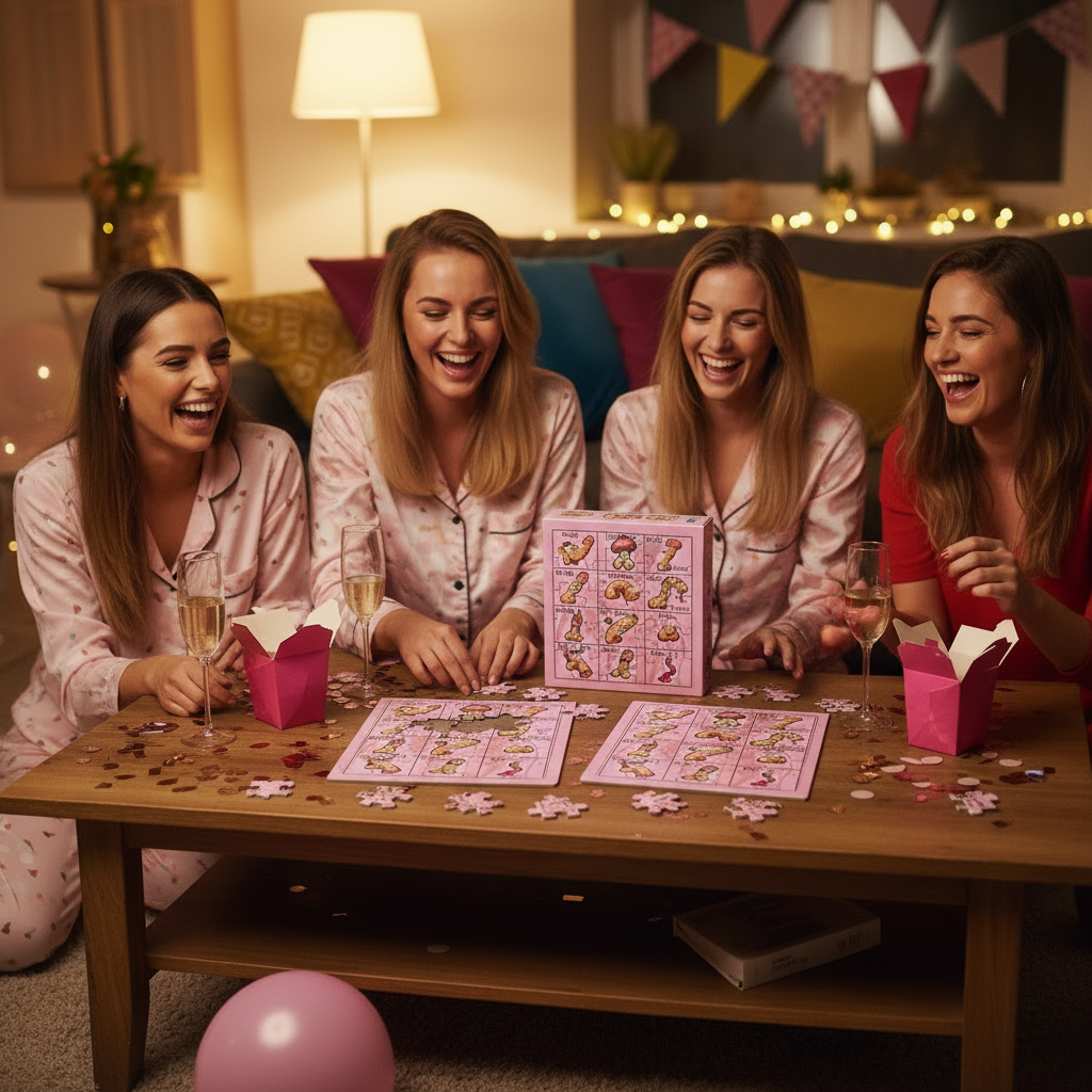 Women in pyjamas on a hen party night in, playing the Hen Party Jigsaw Puzzle on a coffee table with fairy lights