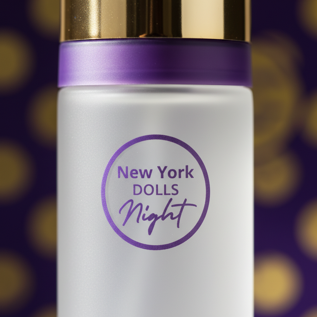 Extreme macro close-up of New York Dolls Night frosted opal glass bottle, metallic gold cap and purple collar branding