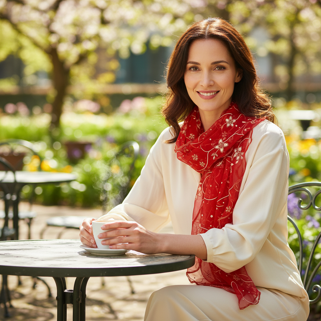 Woman in cream blouse wearing red floral embroidered chiffon scarf at sunny outdoor cafe with coffee