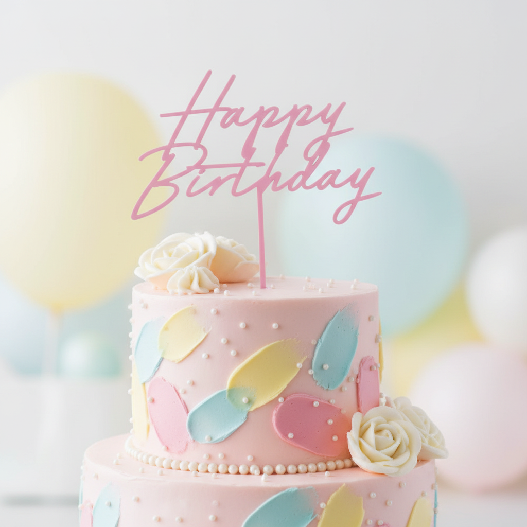 Light pink acrylic Happy Birthday cake topper inserted into a decorated birthday cake in an elegant celebration setting with soft pastel tones