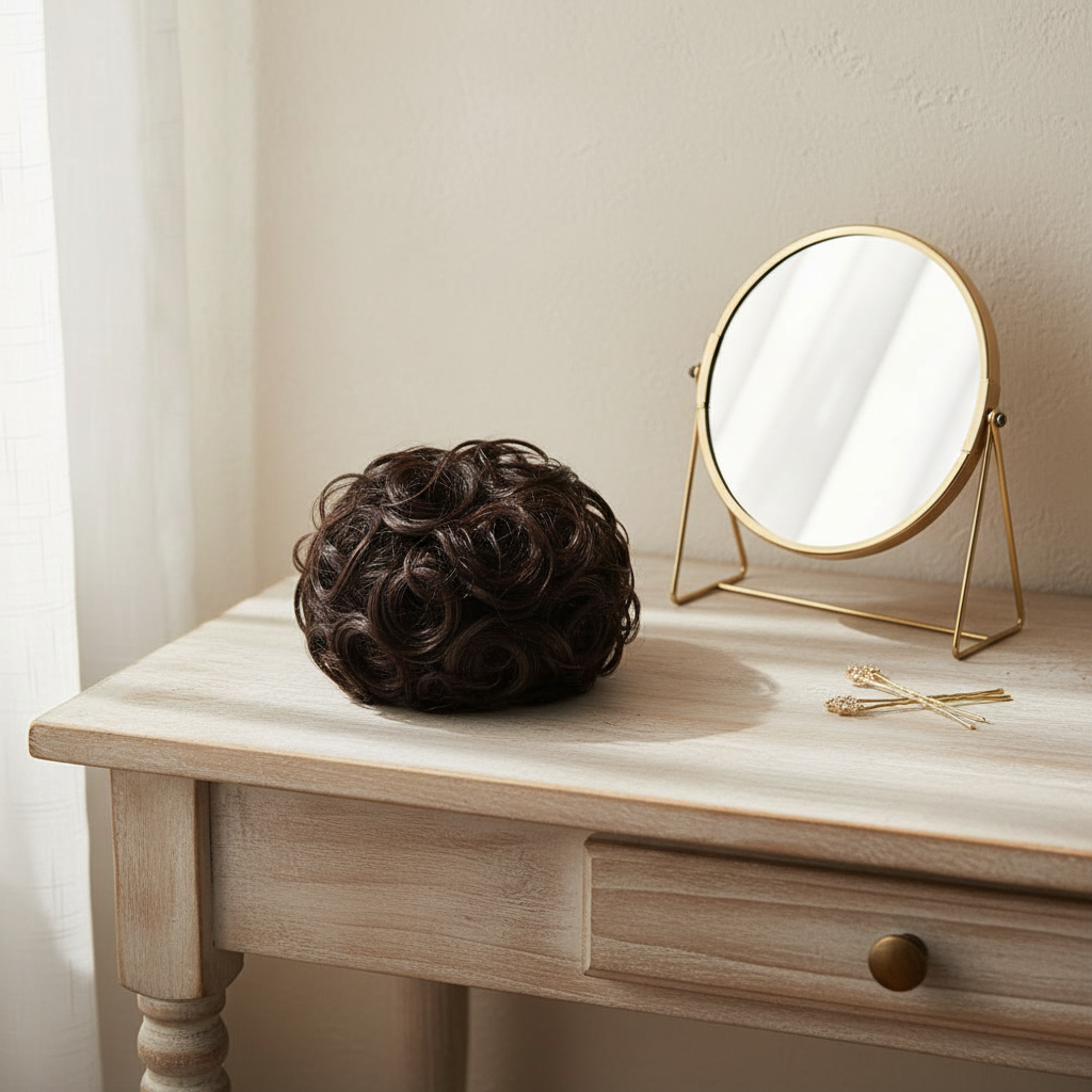 Chocolate brown curly messy hair bun shade 4 Chocolate Dahlia on a dressing table vanity with natural window light, interior magazine styling