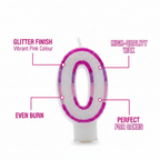 Pink number 0 birthday candle feature infographic showing glitter finish, quality wax, even burn, vibrant colour and cake-ready design