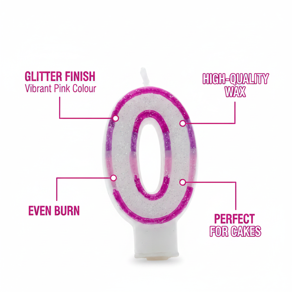 Pink number 0 birthday candle feature infographic showing glitter finish, quality wax, even burn, vibrant colour and cake-ready design