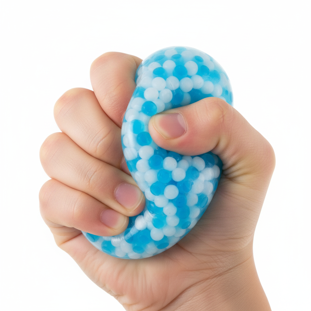 Close-up of child's hand squeezing a blue Squeezy Pearls Stress Ball showing pearl beads pressing against the clear skin