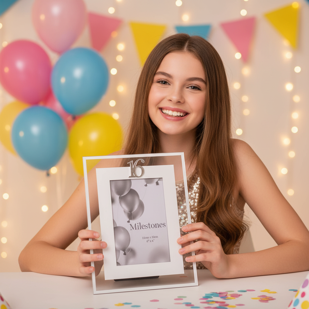 Teenage girl joyfully receiving a silver Age 16 milestone gift photo frame at her birthday party