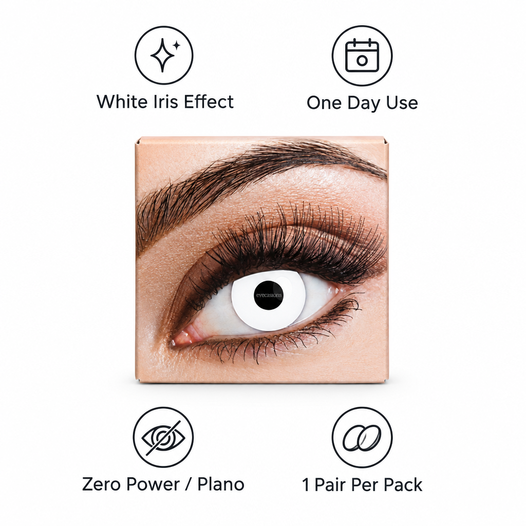 Eyecasions white contact lenses box with callouts: white iris effect, one day use, zero power plano, 1 pair per pack