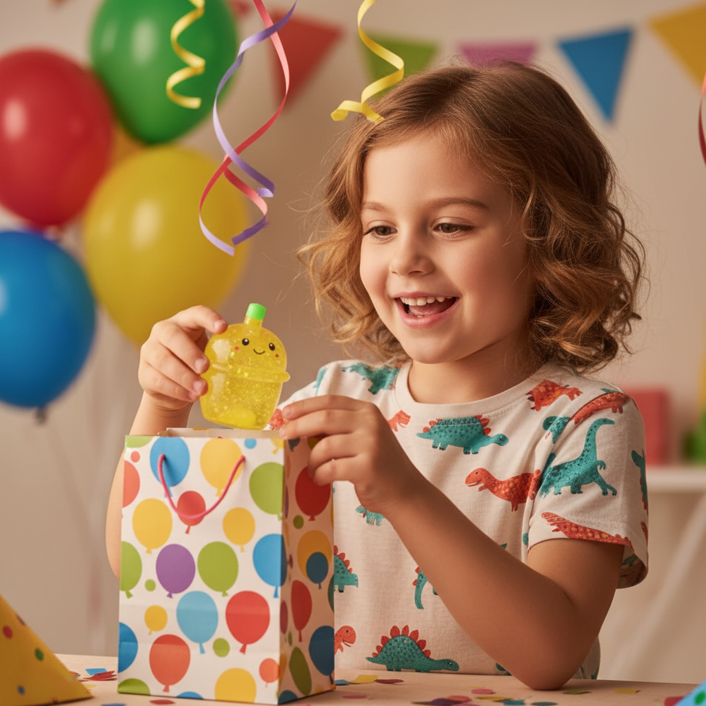 Child opening a birthday gift bag and pulling out a yellow Stretch and Squeeze Bubble Tea Gel Toy with delight at a party