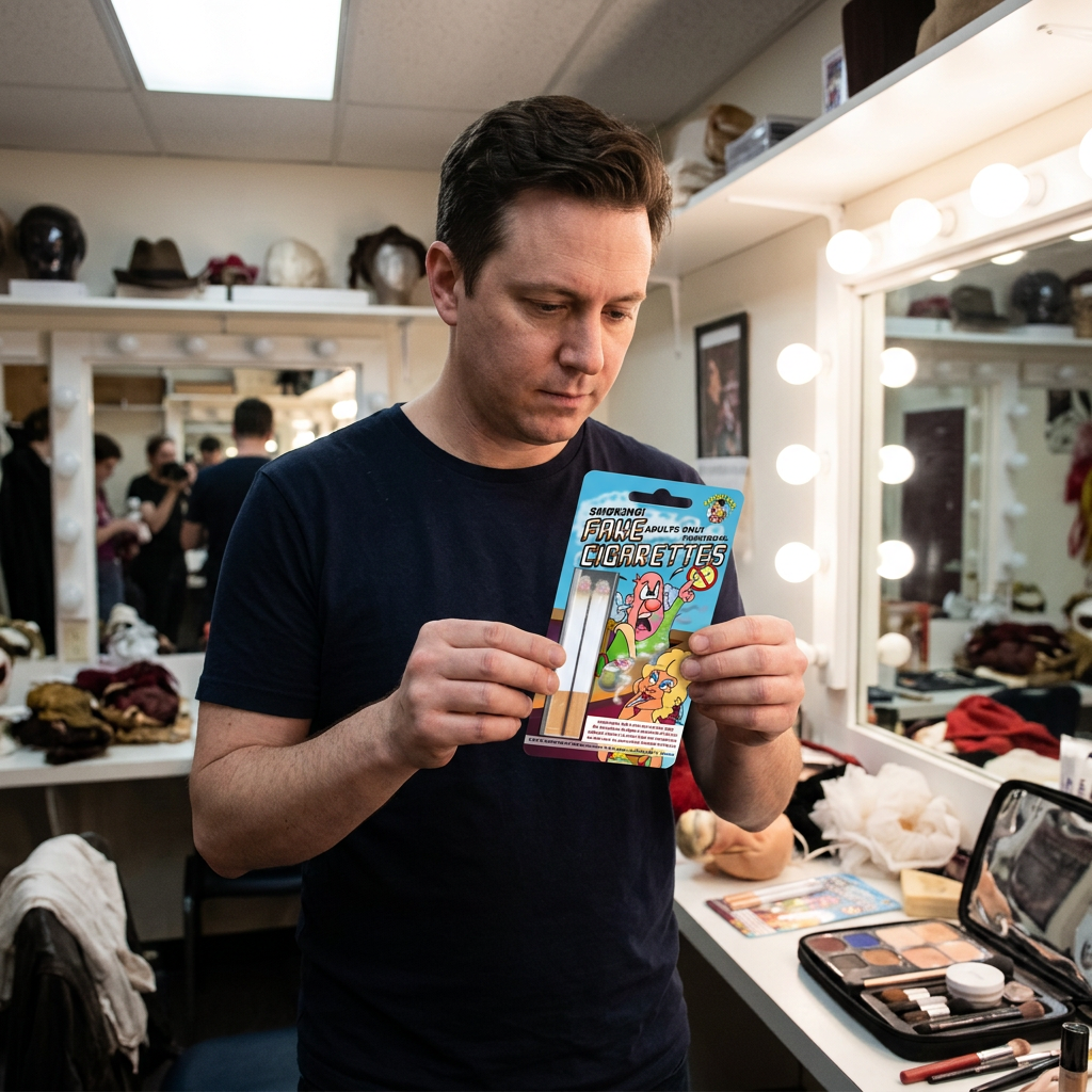 Adult in a dark shirt holding and examining a Funnyman fake cigarette pack in a theatre dressing room.