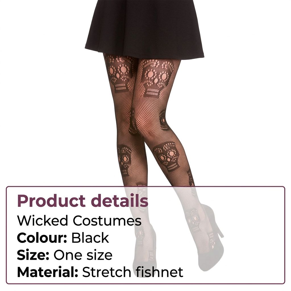 Black fishnet tights with lace floral patterns worn by a model, shown from the knees down with a black skirt and white heels. A text box at the bottom displays product details: 'Wicked Costumes', 'Colour: Black', 'Size: One size', 'Material: Stretch fishnet'.