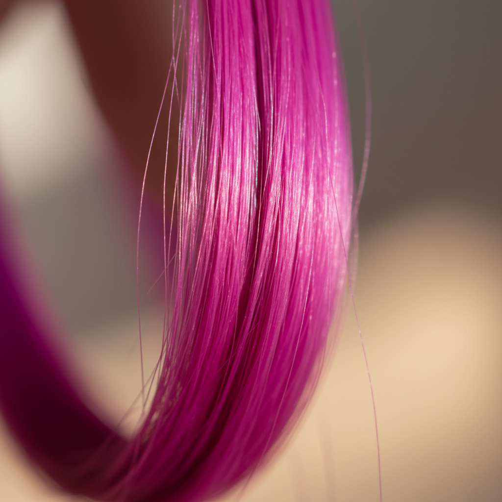 Extreme macro close-up of fuchsia Stargazer hair extension fibres showing silky texture and vibrant colour quality