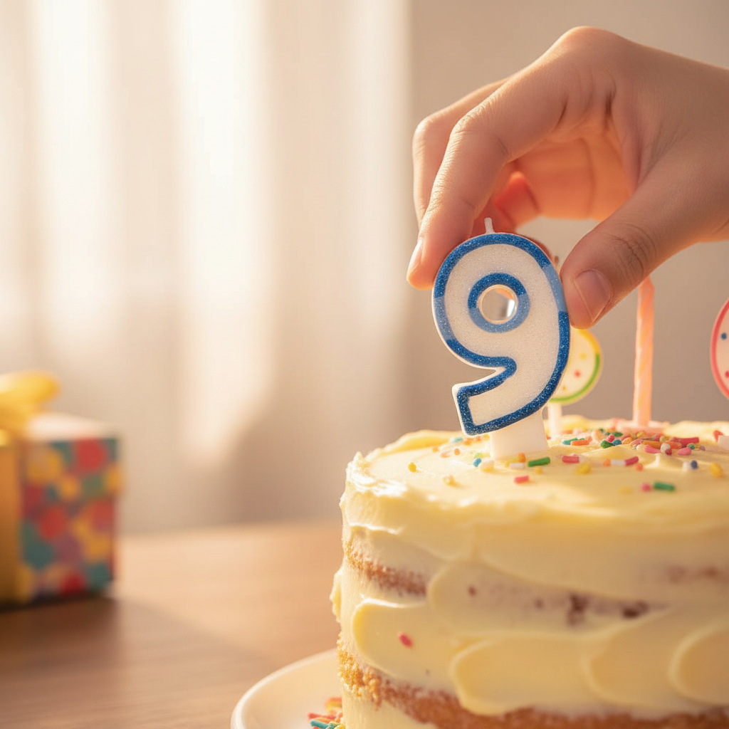 Person placing blue glitter number 9 birthday candle onto a birthday cake, warm bokeh lifestyle photography