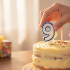 Person placing blue glitter number 9 birthday candle onto a birthday cake, warm bokeh lifestyle photography