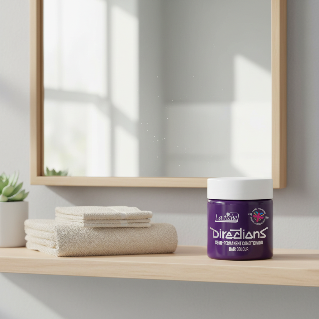 La Riche Directions Violet Hair Dye 88ml jar styled on a wooden bathroom shelf with natural window light, interior magazine quality