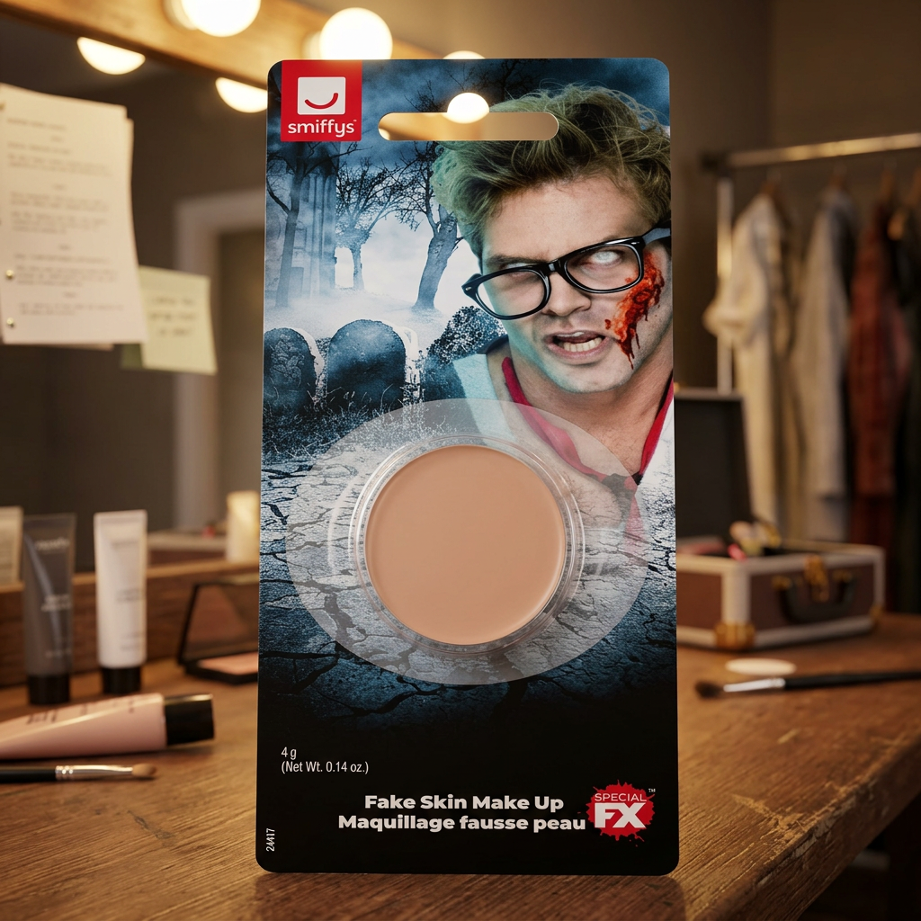 Smiffys Special FX Fake Skin Make Up blister card standing on a dressing-room table with warm backstage lighting