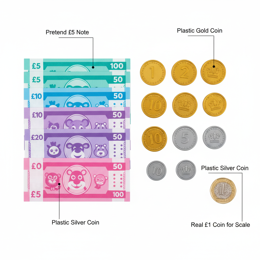 Flat lay of all included children's UK sterling play money notes and coins with £1 coin for scale