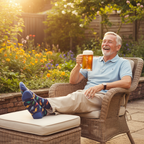 Grandfather relaxing in garden holding Grandad tankard and showing off novelty socks in golden hour light
