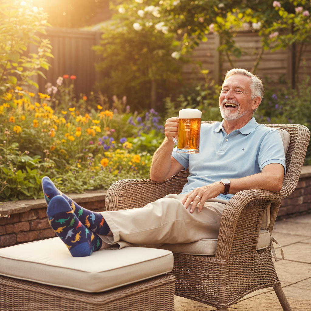 Grandfather relaxing in garden holding Grandad tankard and showing off novelty socks in golden hour light