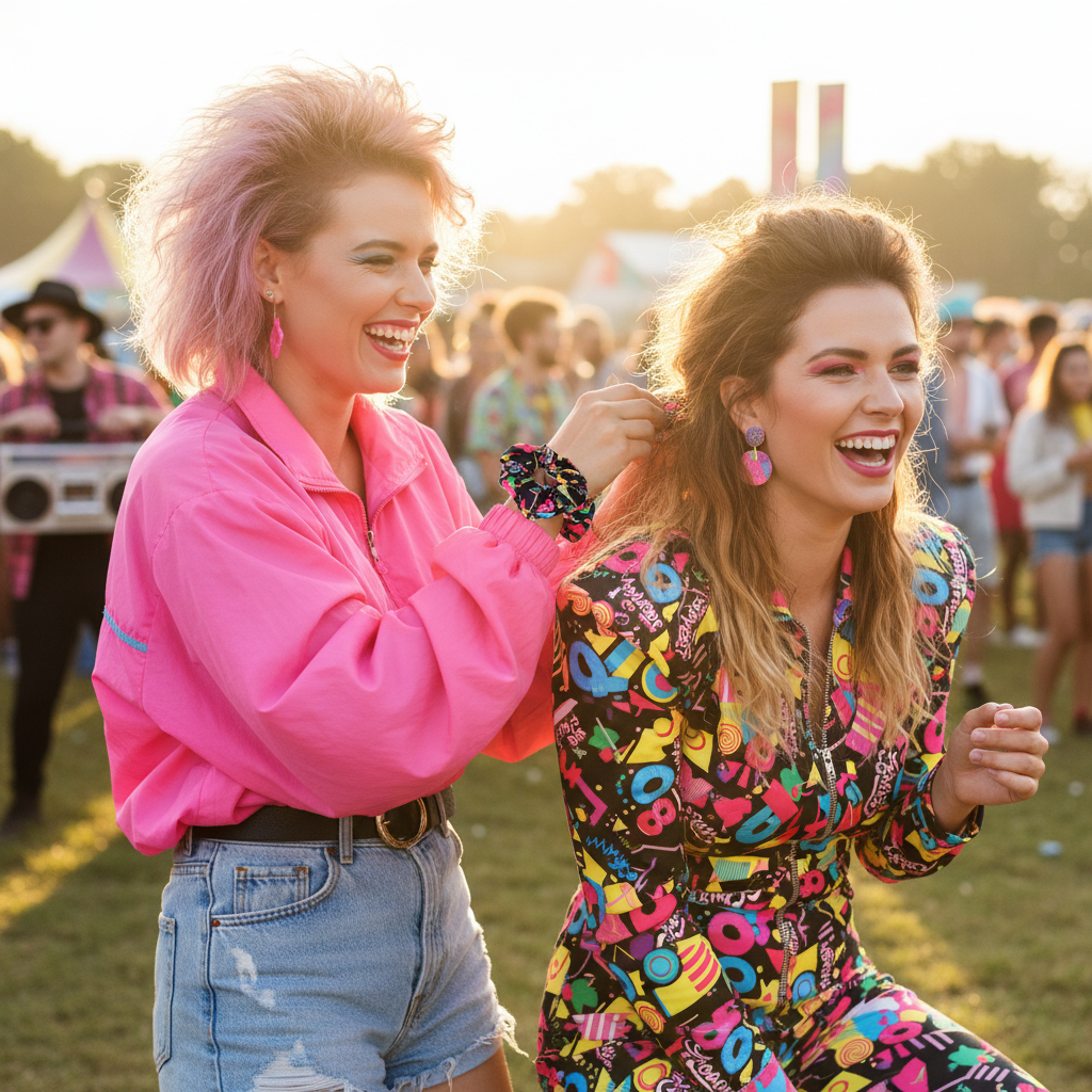 Two friends at an 80s festival, one tying the 80's Forever Multi-Coloured Hair Scrunchie into the other's hair