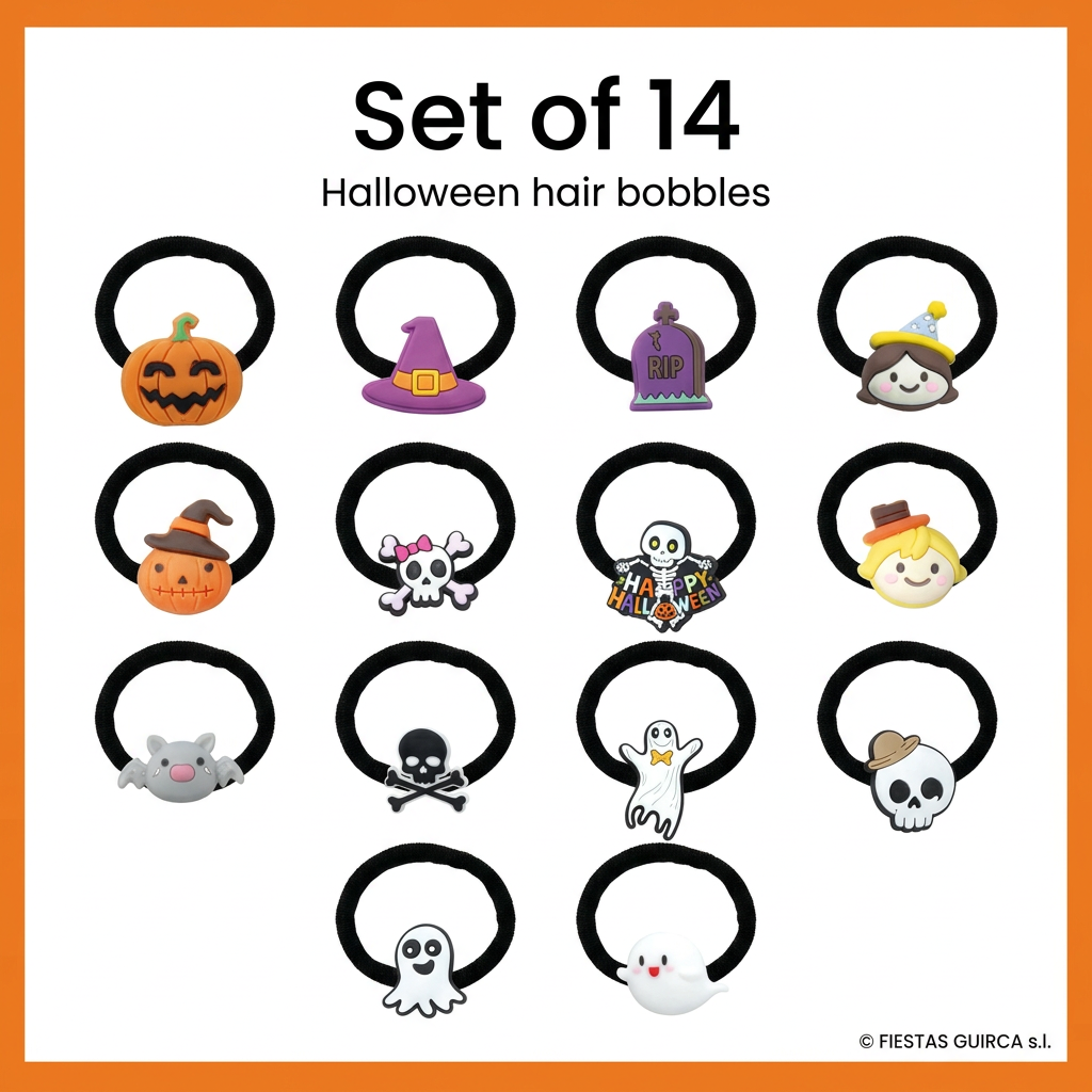 Halloween hair bobbles contents image showing fourteen designs within an orange border
