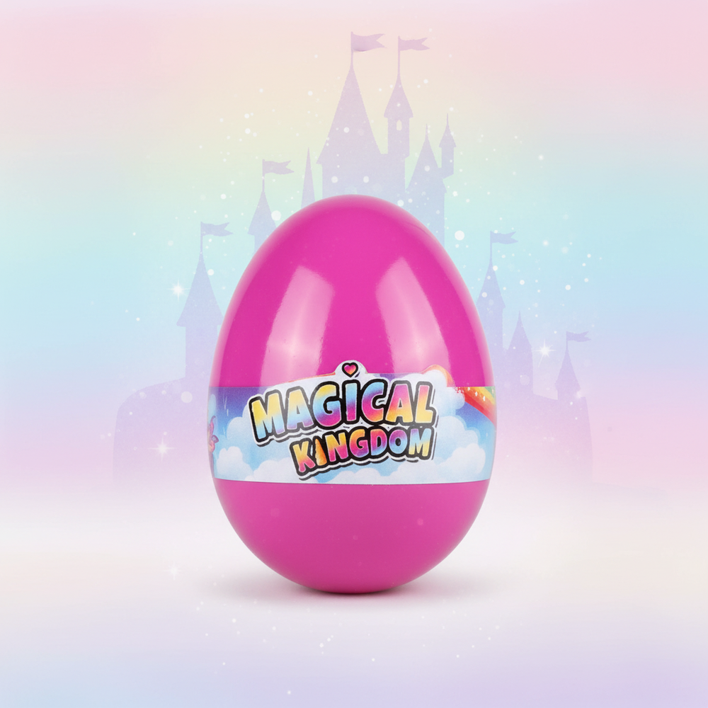 Magical Kingdom Enchanted Egg Assorted toy with dreamy pastel magical kingdom background, collectible surprise egg for kids