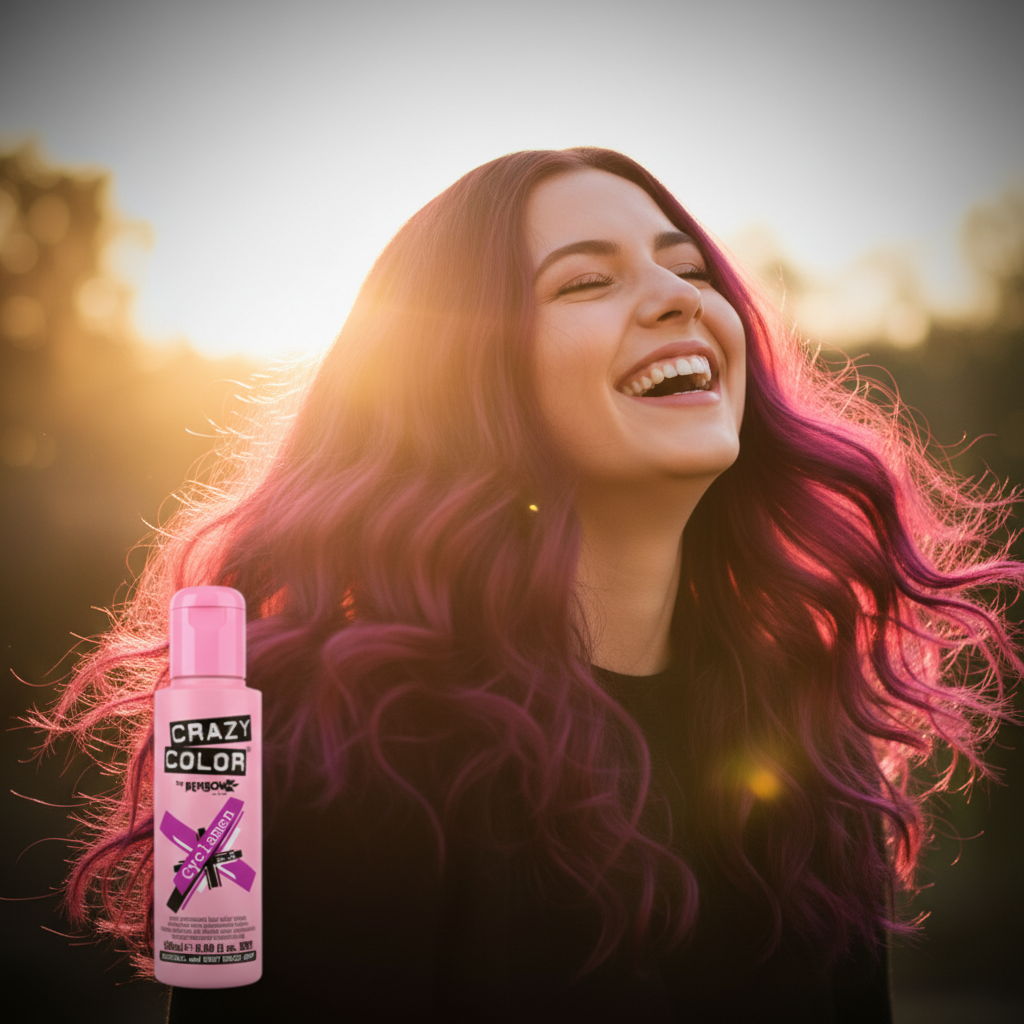 Woman with vibrant cyclamen magenta hair laughing in golden hour light with Crazy Color bottle in foreground