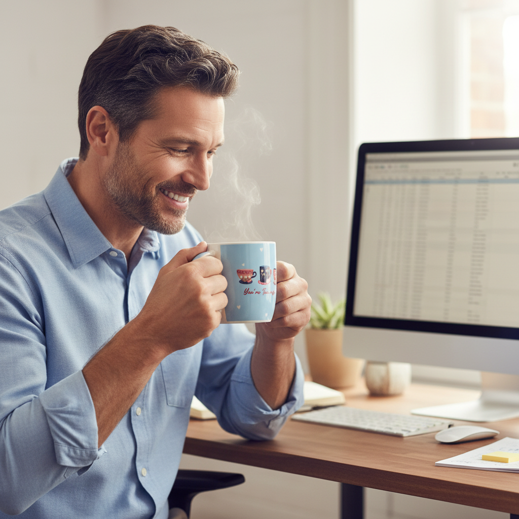 Man enjoying a hot drink from the You're Tea-Riffic novelty gift mug at his office desk