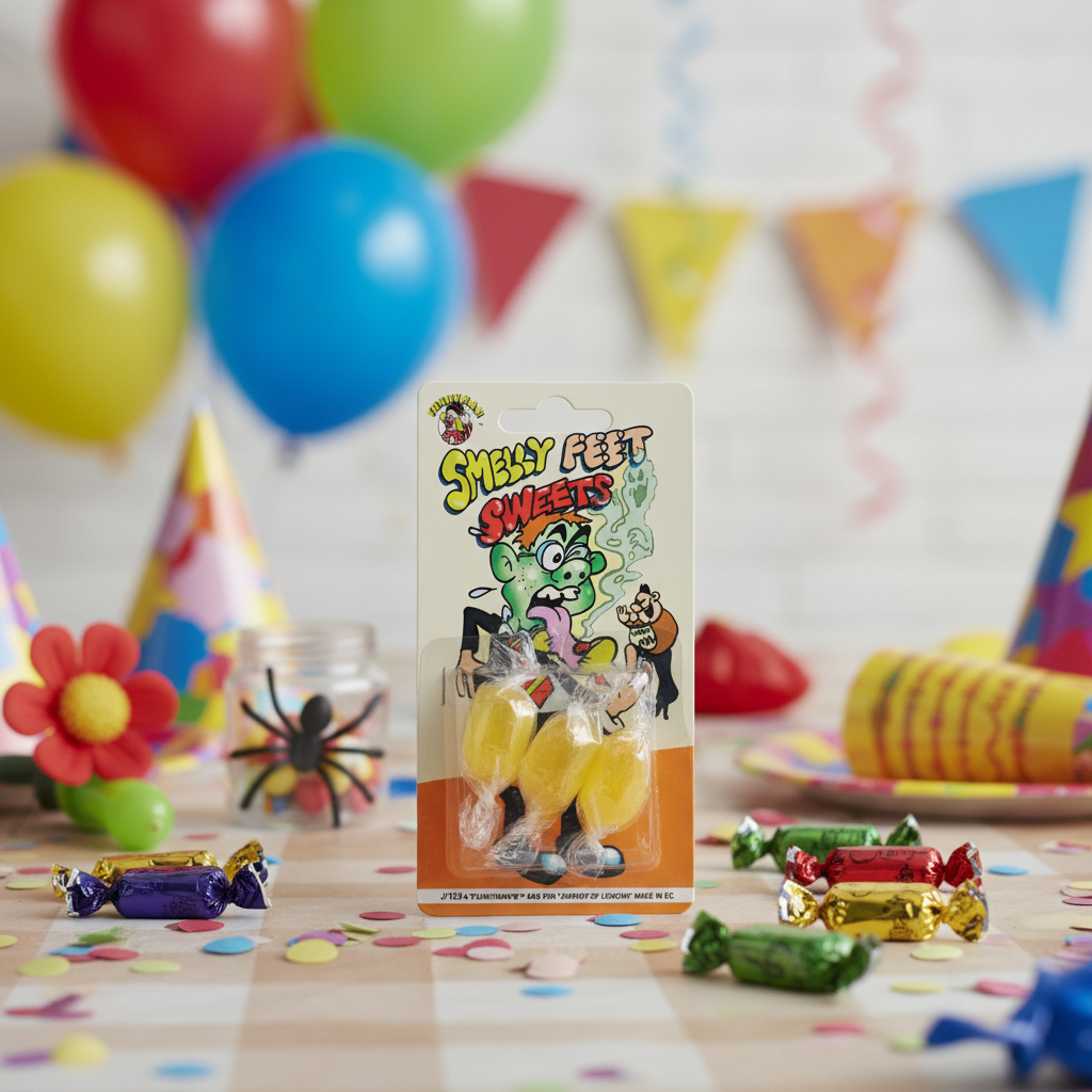 Funnyman Smelly Feet Sweets packaging on kids birthday party table as novelty joke party bag filler with balloons