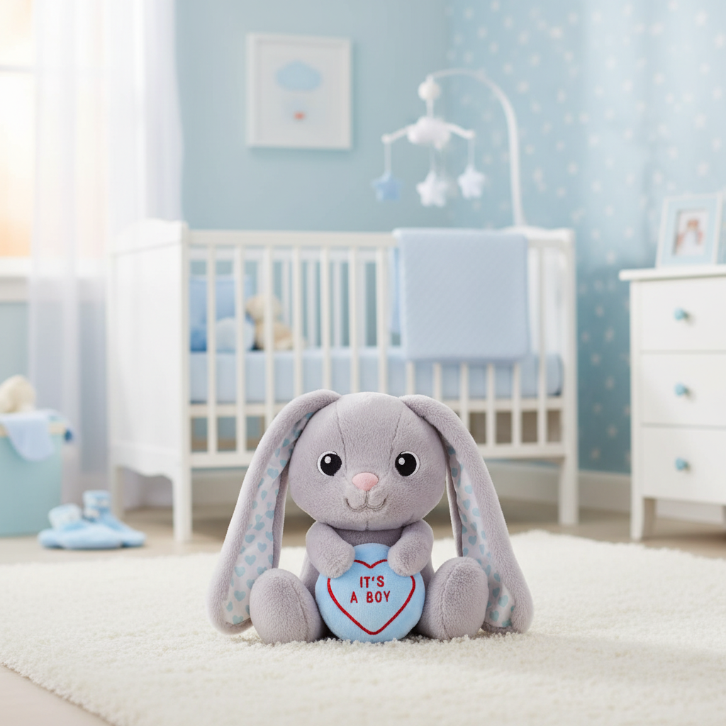 Swizzels Love Heart It's A Boy 18cm grey plush bunny soft toy in a pastel blue baby boy nursery with white wooden cot