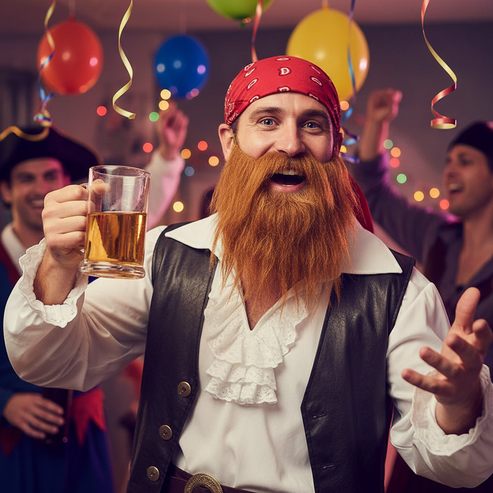 Man wearing brown fancy dress beard at costume party dressed as pirate