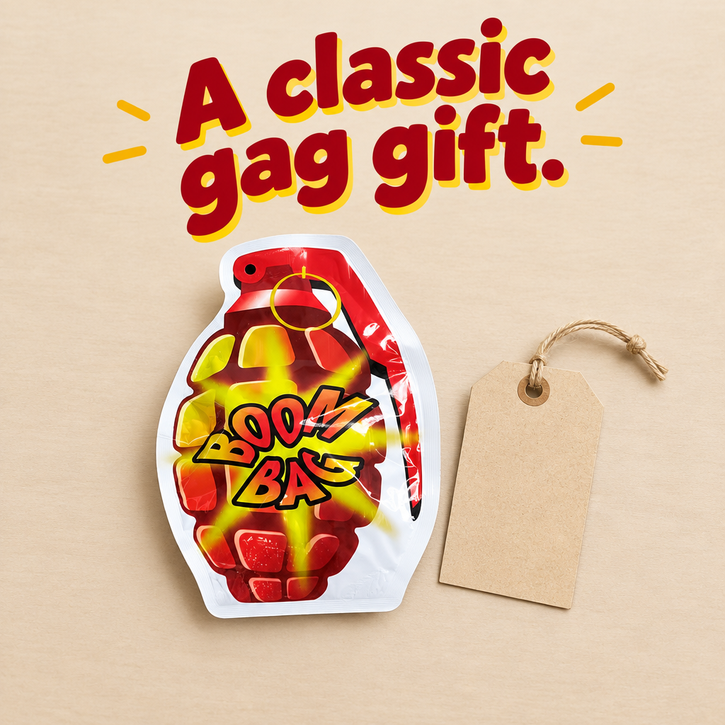 Red Boom Bag beside a blank gift tag on a beige background with a gag gift caption