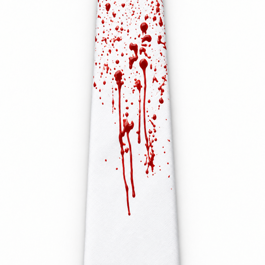 Close-up of red blood splatter and drips on white tie fabric
