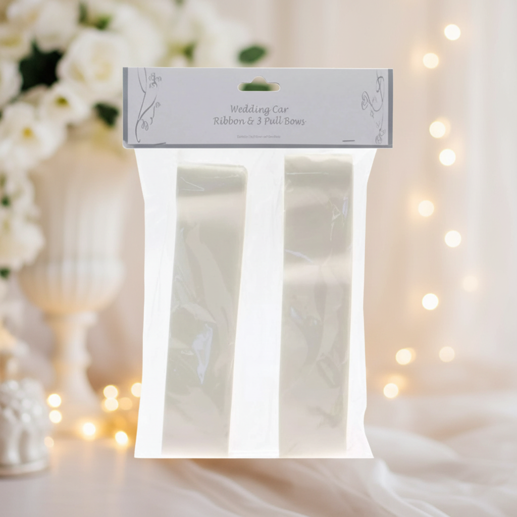Ivory wedding car ribbon and pull bows pack of 3 on a romantic soft floral background