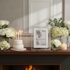 Milestones Silver Age 80 Photo Frame displayed on a mantelpiece with flowers and candles