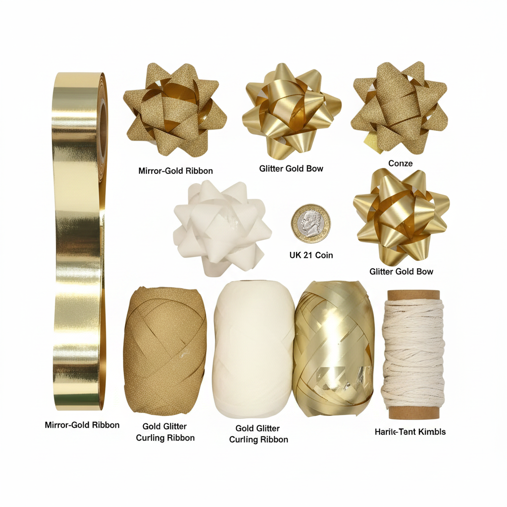 All contents of gold bow and ribbon gift wrapping set laid flat with £1 coin for scale