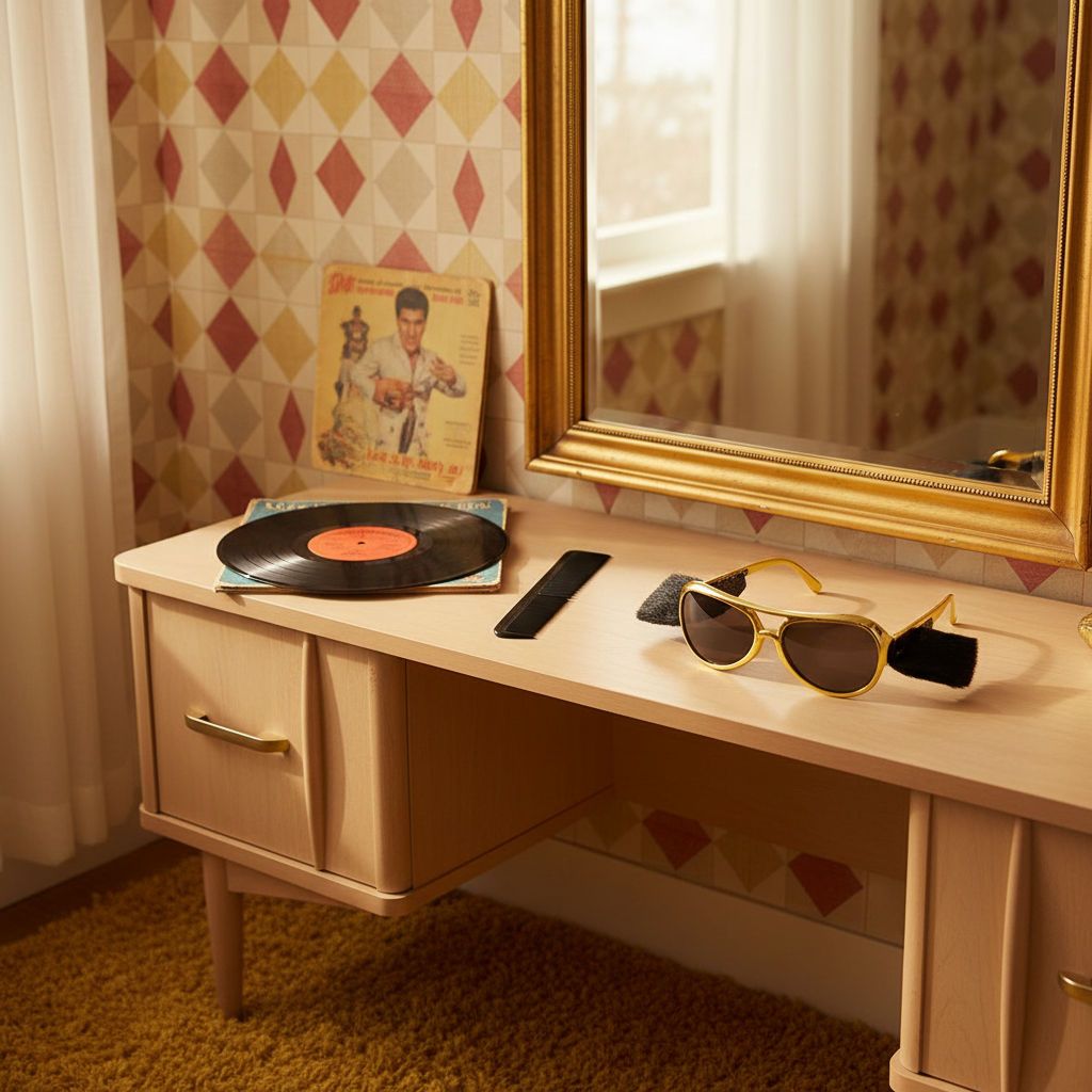 Gold Elvis Presley glasses with black sideburns on a vintage retro dressing table with vinyl record props