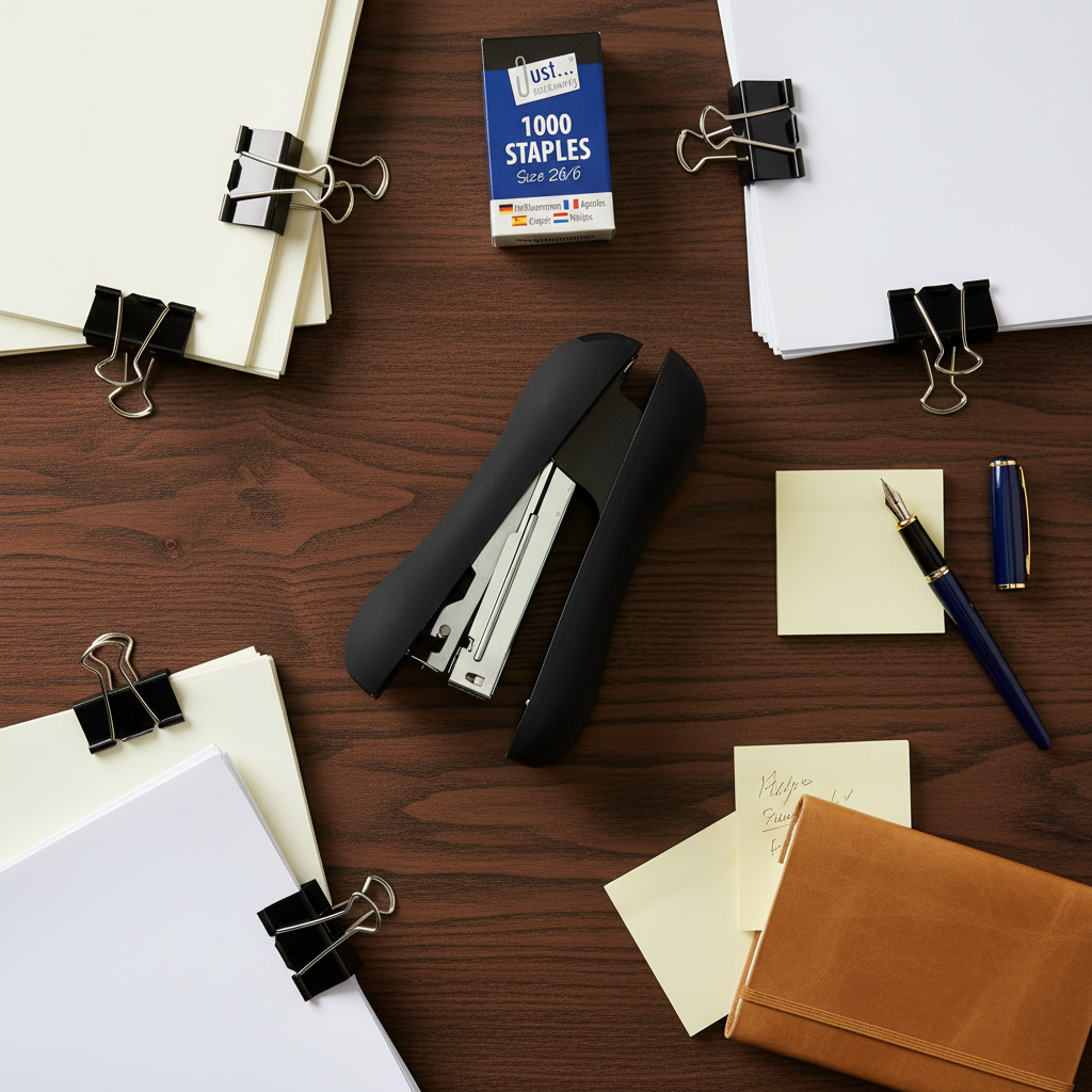 Flat lay of easy grip heavy duty stapler with documents, pen and notebook on dark walnut desk