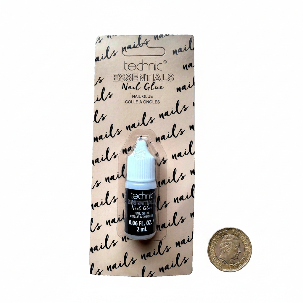 Technic Essentials Nail Glue 2ml flat lay beside £1 coin for scale on white background
