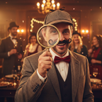 Man dressed as detective wearing black self-adhesive moustache at themed costume party - Why Not Shop
