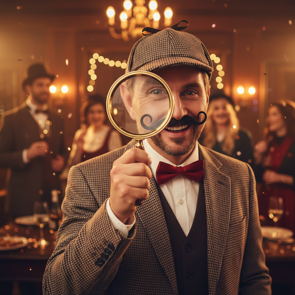 Man dressed as detective wearing black self-adhesive moustache at themed costume party - Why Not Shop
