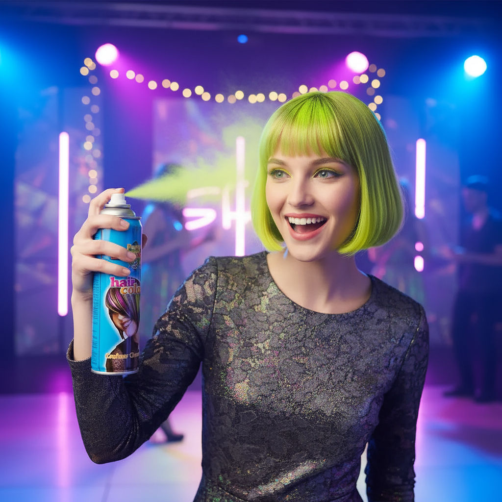 Person applying Party Success fluorescent yellow hair spray - easy application for UV glow effect