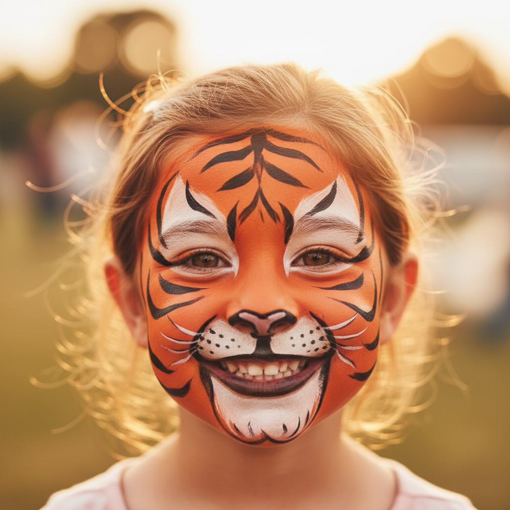 Child with completed dark orange Snazaroo tiger face paint design looking proud and delighted, warm lifestyle photography