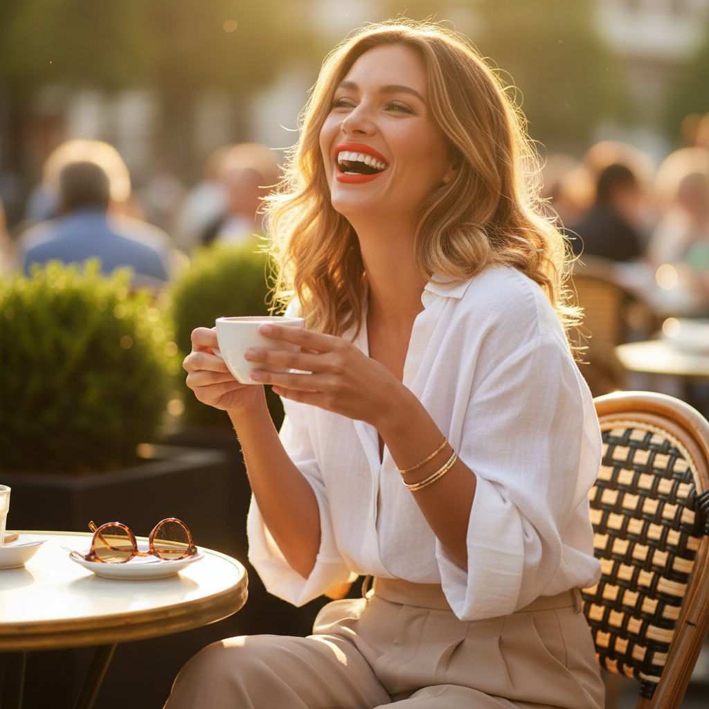 Stylish woman wearing Laval Orange Lipstick Honey Bun 34 at outdoor cafe