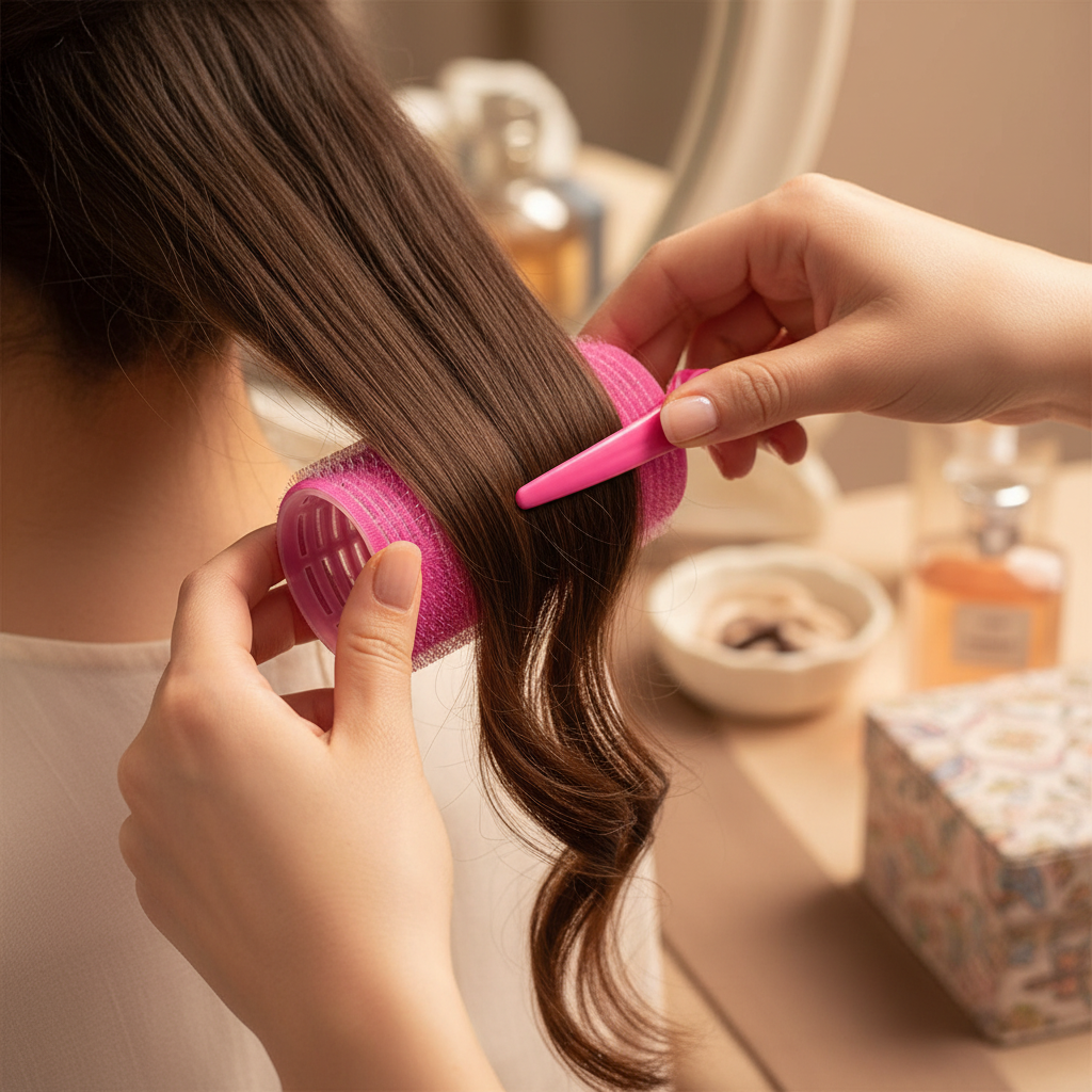 Close up of hands rolling long brunette hair onto a pink velcro hair roller