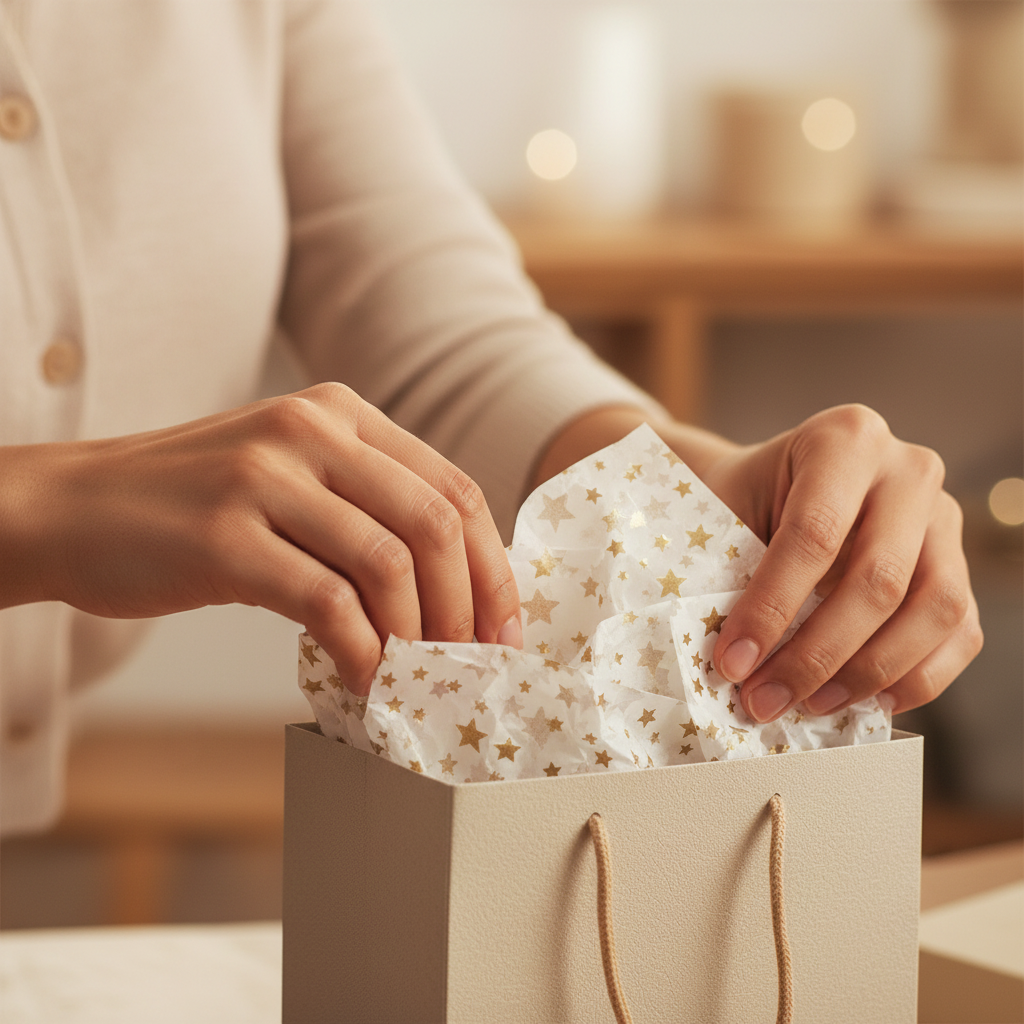 Hands arranging white gold star tissue paper into a gift bag, candid lifestyle moment, warm bokeh background