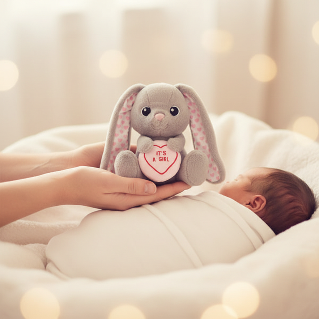 Mother offering Swizzels Love Heart Bunny grey plush to newborn baby girl
